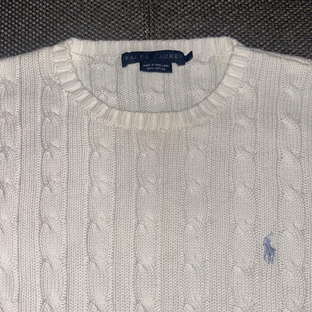 Vintage 90s Ralph Lauren Blue Label White Cable Knit Cotton Sweater Womens L VTG